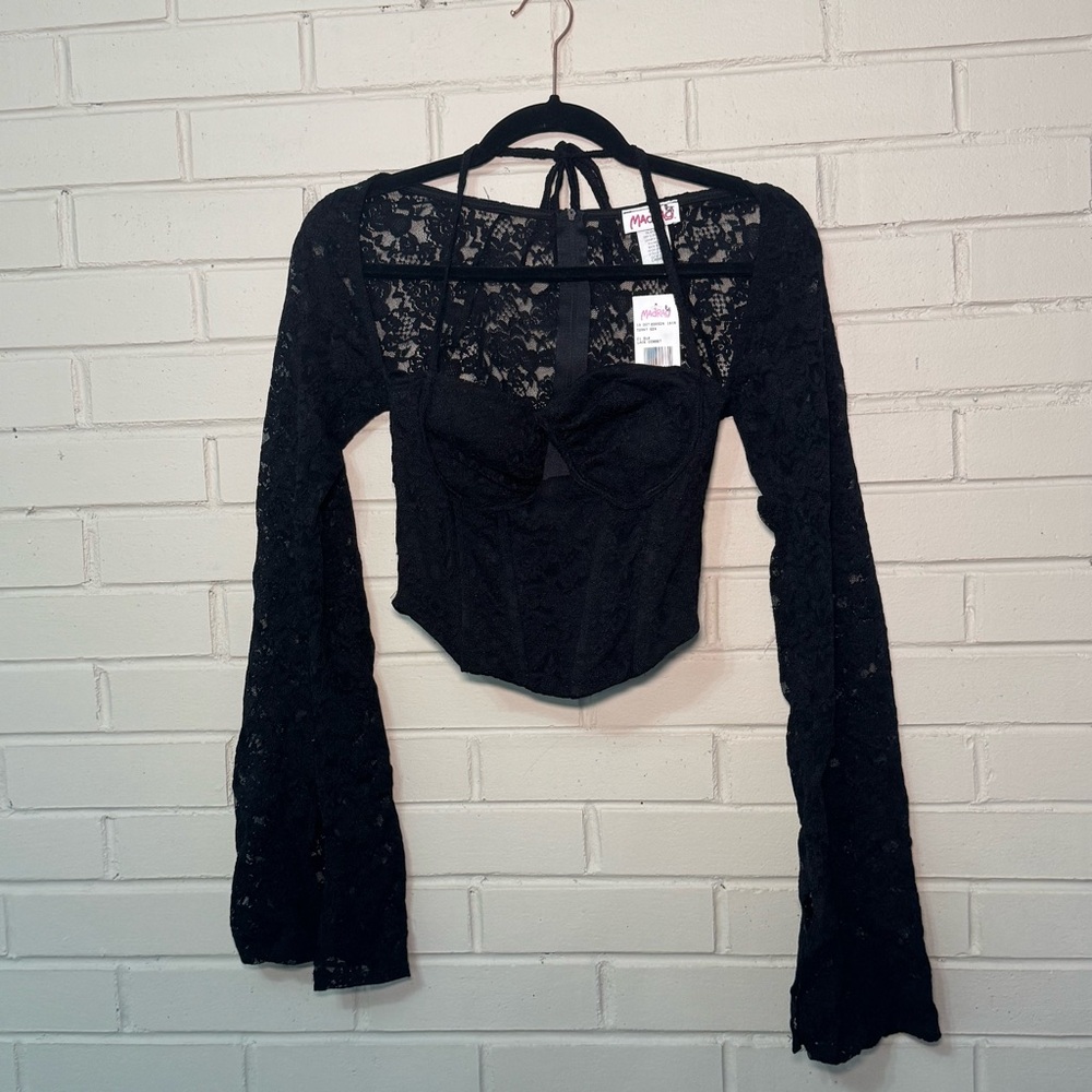 Elegant Black Lace Corset Style Long Sleeve Crop Top Size Large NWT